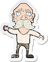 retro distressed sticker of a cartoon worried old man vector