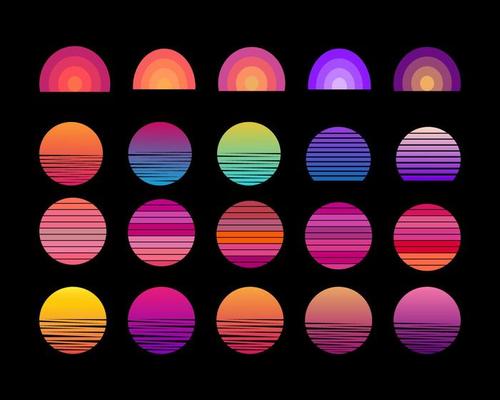 Vintage sunset collection in 70s 80s style. Regular and distressed retro sunset set. Five options with textured versions. Circular gradient background. T shirt design element.