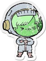 distressed sticker of a cartoon astronaut woman vector