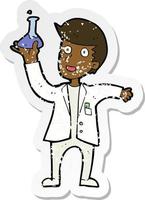 retro distressed sticker of a cartoon happy scientist vector