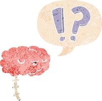 cartoon curious brain and speech bubble in retro textured style vector