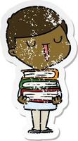 distressed sticker of a cartoon happy boy with stack of books vector