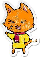 distressed sticker of a cartoon cat hissing vector