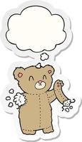 cartoon teddy bear with torn arm and thought bubble as a printed sticker vector