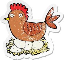 retro distressed sticker of a cartoon hen on eggs vector