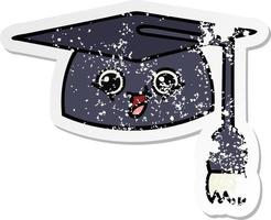 distressed sticker of a cute cartoon graduation hat vector