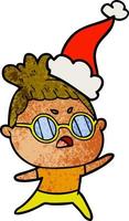 textured cartoon of a annoyed woman wearing santa hat vector