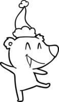 laughing bear line drawing of a wearing santa hat vector