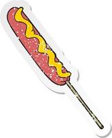 retro distressed sticker of a cartoon hotdog on a stick vector