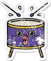 distressed sticker of a cute cartoon drum vector