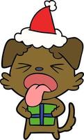 line drawing of a dog with christmas present wearing santa hat vector