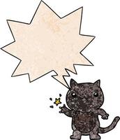 cartoon cat scratching and speech bubble in retro texture style vector