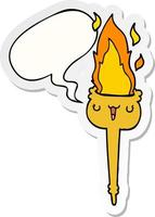 cartoon flaming torch and speech bubble sticker vector