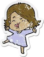 distressed sticker of a cartoon girl pulling face vector