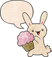 cute cartoon rabbit and muffin and speech bubble in retro texture style vector