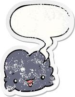 cartoon tiny happy cloud and speech bubble distressed sticker vector