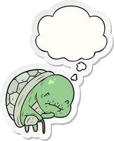 cute cartoon old turtle and thought bubble as a printed sticker vector