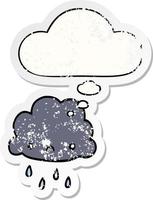 cartoon storm cloud and thought bubble as a distressed worn sticker vector