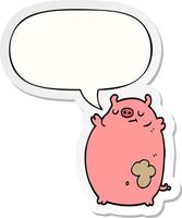 cerdo gordo de dibujos animados y etiqueta engomada de la burbuja del discurso vector