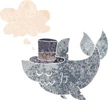 tiburón de dibujos animados con sombrero de copa y burbuja de pensamiento en estilo retro texturizado vector