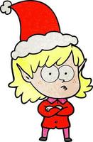 textured cartoon of a elf girl staring wearing santa hat vector