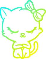 cold gradient line drawing cute cartoon cat with bow vector