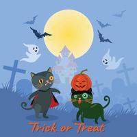 Halloween cat with full moon on blue background. vector