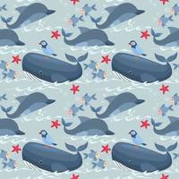 Whales and dolphins seamless pattern. vector