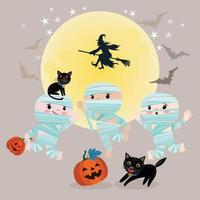 momia de dibujos animados lindo con calabaza y gato fondo de halloween vector