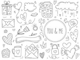 Big set of cute hand-drawn doodle elements about love. Message stickers for apps. Icons for Valentines Day, romantic events and wedding. vector