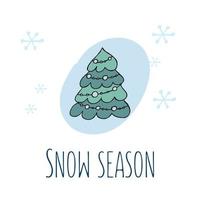 A hand-drawn christmas tree. Colored vector illustration in doodle style. Winter mood. Hello 2023. Merry Christmas and Happy New Year. Green tree with a blue toys and snowflakes on a white background.