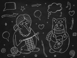 Set of cute snowmen on a black chalk board. Vector illustration in doodle style. Winter mood. Hello 2023. Merry Christmas and Happy New Year.