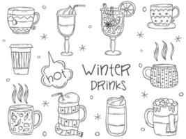 Set of a warming winter drinks on a white background. Vector illustration in doodle style. Winter mood. Hello 2023. Merry Christmas and Happy New Year.