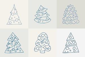 A set of hand-drawn christmas trees. Vector illustration in doodle style. Winter mood. Hello 2023. Merry Christmas and Happy New Year. Blue elements on a gray background.