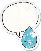 cartoon cute raindrop and speech bubble distressed sticker vector