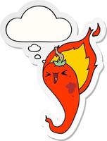 cartoon flaming hot chili pepper and thought bubble as a printed sticker vector