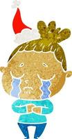 retro cartoon of a crying woman wearing santa hat vector