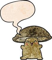 cartoon mushroom character and speech bubble in retro texture style vector