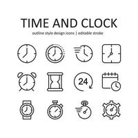 conjunto de iconos de hora y reloj. contiene íconos como reloj, calendario, alarma y más. diseño de estilo de línea. ilustración gráfica vectorial. adecuado para el diseño de sitios web, aplicaciones, plantillas, ui. vector