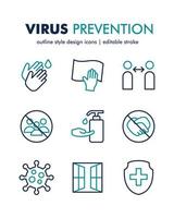Set of virus prevention tips vector icons. Contains such Icons as hand wash, social distancing, avoid crowds, and more. Line style design. Editable stroke.