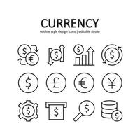 Currency icon set. Contains such Icons as graph, exchange, trade and more. Line style design. Vector graphic illustration. Suitable for website design, logo, app, template, ui. Editable stroke.