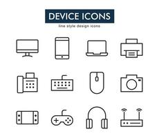 Set of device vector icons. Contains such Icons as laptop, pc, printer, camera, gamepad, and more . Suitable for website design, template, and ui. Line style design. Editable stroke.