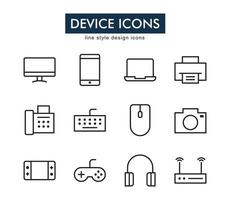 conjunto de iconos de vector de dispositivo. contiene íconos como computadora portátil, PC, impresora, cámara, gamepad y más. adecuado para el diseño del sitio web, la plantilla y la interfaz de usuario. diseño de estilo de línea. trazo editable.