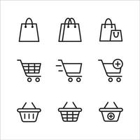 conjunto de iconos de línea de vector de compras. contiene íconos como bolsa de compras, carrito de compras y canasta. adecuado para el diseño del sitio web, la plantilla y la interfaz de usuario. trazo editable.