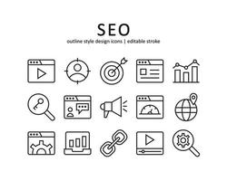 SEO icon set. Contains such Icons as search, engine, web and more . Line style design. Vector graphic illustration. Suitable for website design, logo, app, template, ui. Editable stroke.