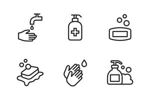 Washing hands icon set. Washing instruction, hand sanitizer, antiseptic, and soap. Vector graphic illustration. Suitable for website design, logo, app, template, and ui. Editable stroke.