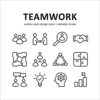 Team work icon set. Contains such Icons as alliance, cooperation, and more . Line style design. Vector graphic illustration. Suitable for website design, app, template, ui. Editable stroke.