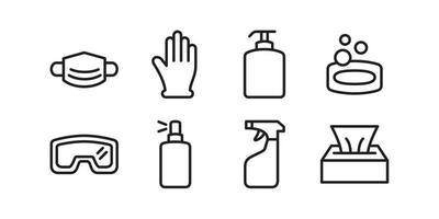 Set of personal virus protection vector icons. Contains such Icons as mask, glove, soap, and more . Coronavirus prevention. Line style design. Editable stroke.