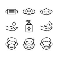 Mask protection, virus protection icon set. Contains such Icons as mask, hand sanitizer, hand wash. Suitable for website design, template, and ui. Line style design. Editable stroke. vector