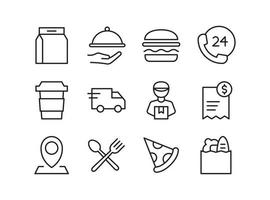 Food delivery icon set. Contains such Icons as grocery, fast food, courier, and more. Line style design. Vector graphic illustration. Suitable for website design, app, template, ui. Editable stroke.